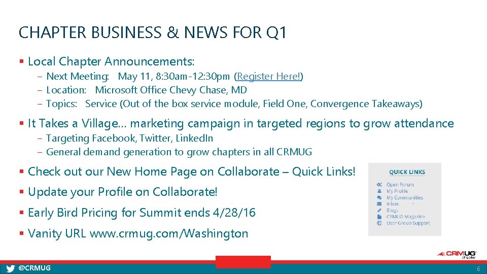 CHAPTER BUSINESS & NEWS FOR Q 1 § Local Chapter Announcements: ‒ Next Meeting: