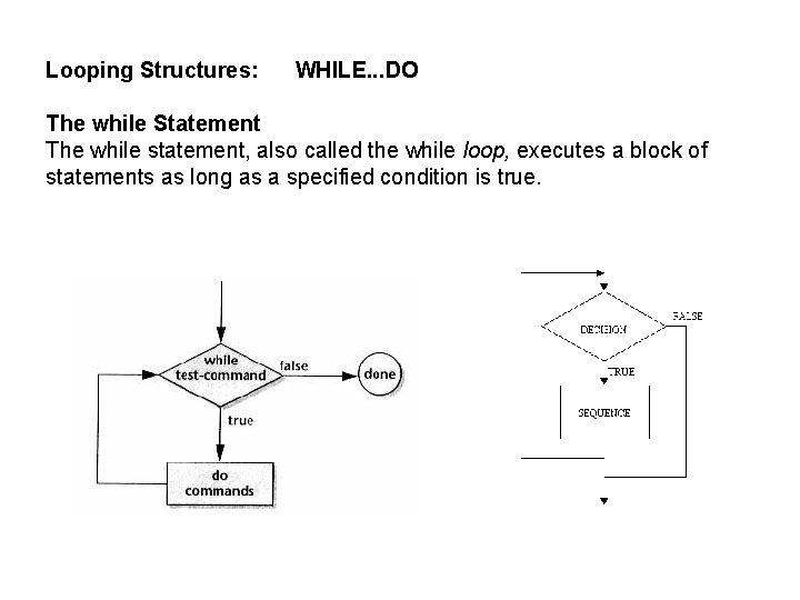 Looping Structures: WHILE. . . DO The while Statement The while statement, also called