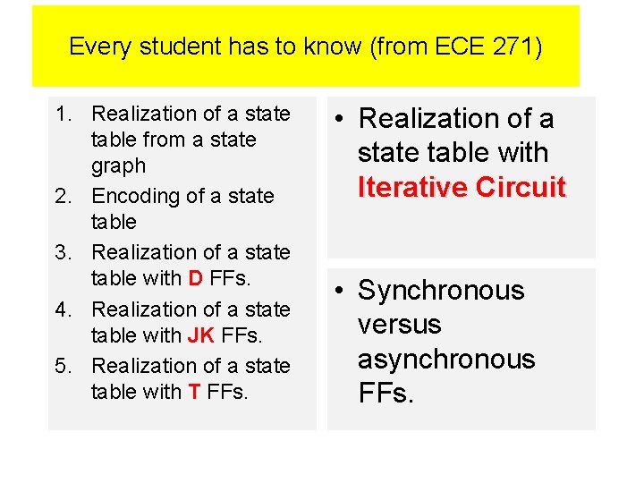 Every student has to know (from ECE 271) 1. Realization of a state table
