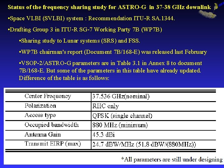 Status of the frequency sharing study for ASTRO-G in 37 -38 GHz downlink •