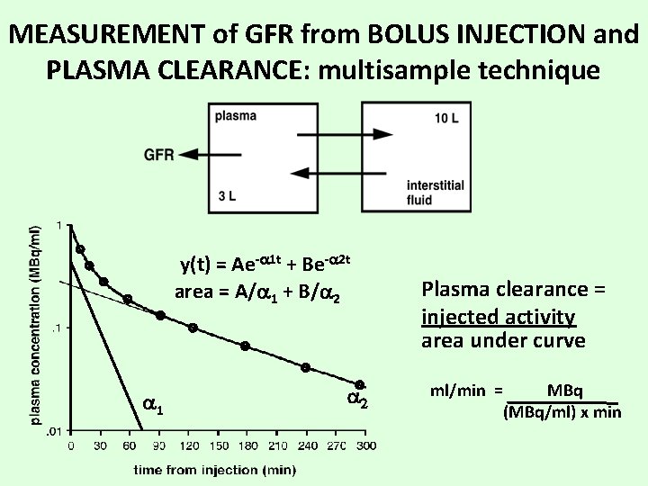 MEASUREMENT of GFR from BOLUS INJECTION and PLASMA CLEARANCE: multisample technique y(t) = Ae-a