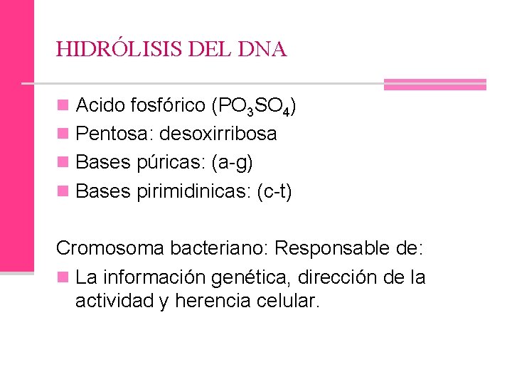 HIDRÓLISIS DEL DNA n Acido fosfórico (PO 3 SO 4) n Pentosa: desoxirribosa n