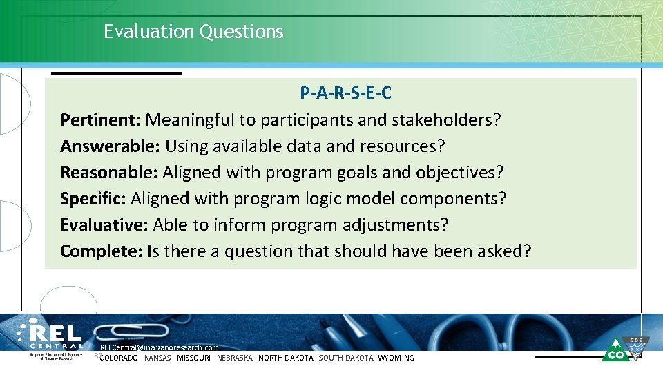 Evaluation Questions P-A-R-S-E-C Pertinent: Meaningful to participants and stakeholders? Answerable: Using available data and
