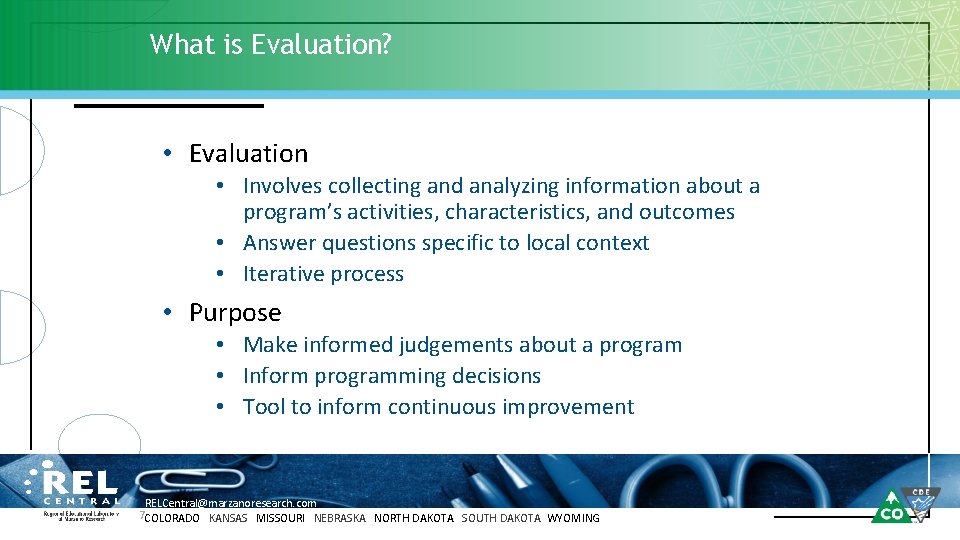 What is Evaluation? • Evaluation • Involves collecting and analyzing information about a program’s
