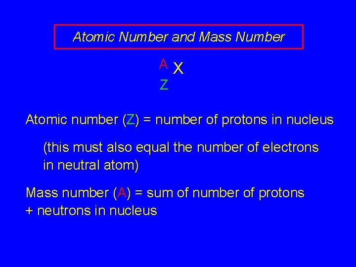 Atomic Number and Mass Number AX Z Atomic number (Z) = number of protons