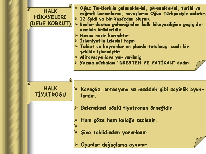 Ø Oğuz Türklerinin geleneklerini, göreneklerini, tarihi ve HALK coğrafi konumlarını, savaşlarını Oğuz Türkçesiyle anlatır.