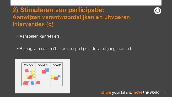 2) Stimuleren van participatie: Aanwijzen verantwoordelijken en uitvoeren interventies (d) • Aanstellen kartrekkers. •