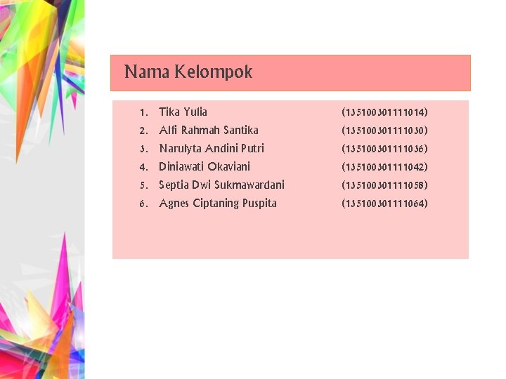 Nama Kelompok 1. 2. 3. 4. 5. 6. Tika Yulia Alfi Rahmah Santika Narulyta