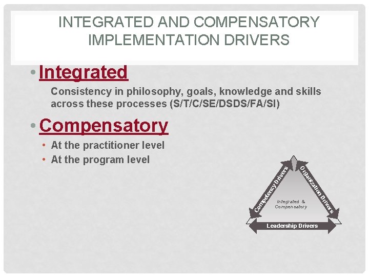 INTEGRATED AND COMPENSATORY IMPLEMENTATION DRIVERS • Integrated Consistency in philosophy, goals, knowledge and skills