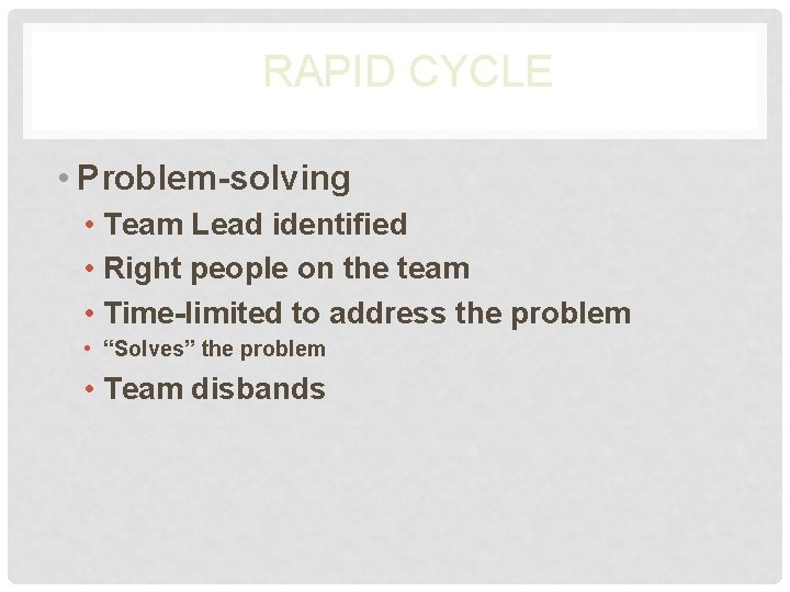 RAPID CYCLE • Problem-solving • Team Lead identified • Right people on the team