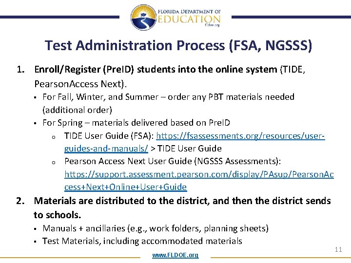 Test Administration Process (FSA, NGSSS) 1. Enroll/Register (Pre. ID) students into the online system