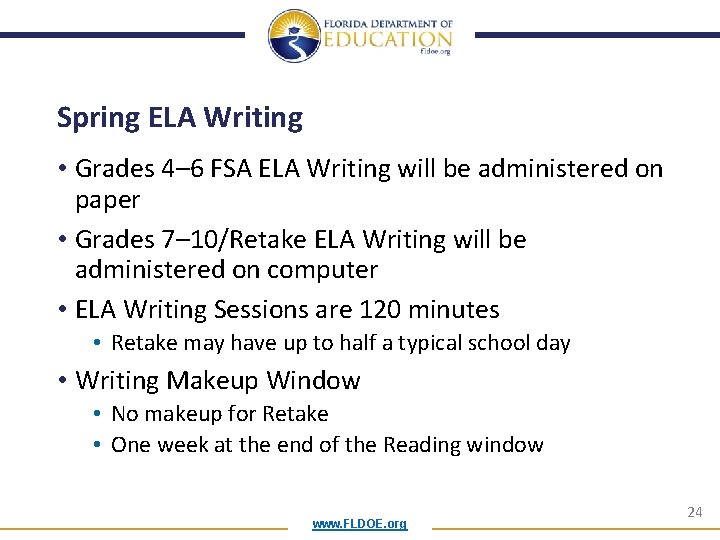 Spring ELA Writing • Grades 4– 6 FSA ELA Writing will be administered on
