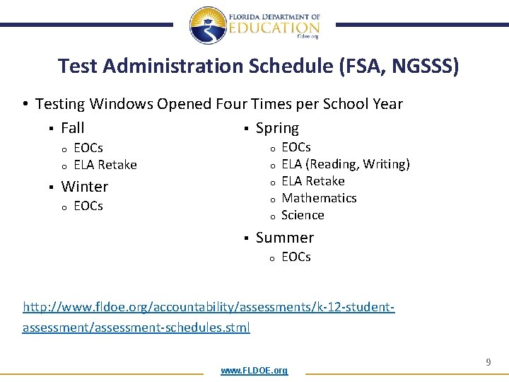 Test Administration Schedule (FSA, NGSSS) • Testing Windows Opened Four Times per School Year