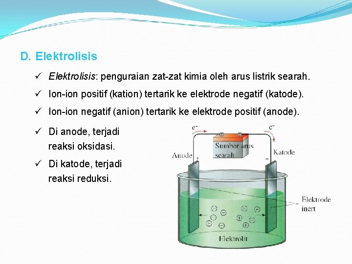 D. Elektrolisis ü Elektrolisis: penguraian zat-zat kimia oleh arus listrik searah. ü Ion-ion positif