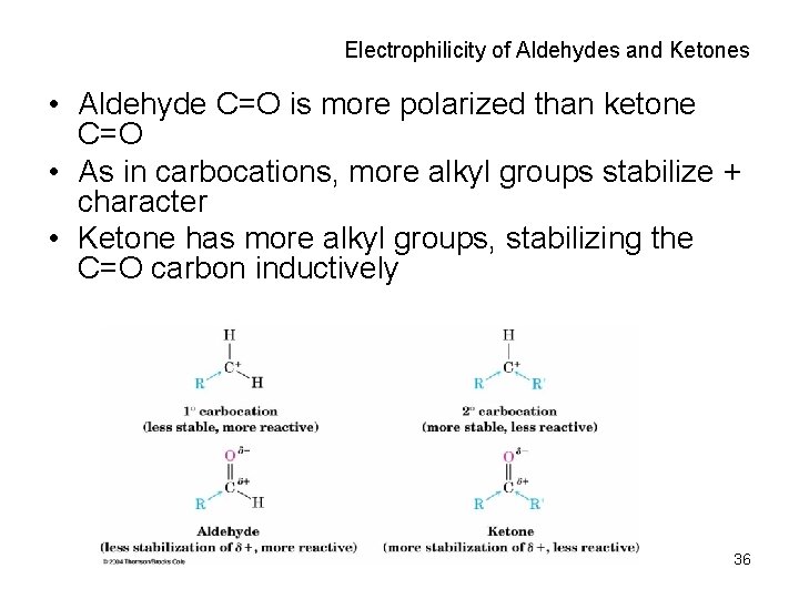 Electrophilicity of Aldehydes and Ketones • Aldehyde C=O is more polarized than ketone C=O