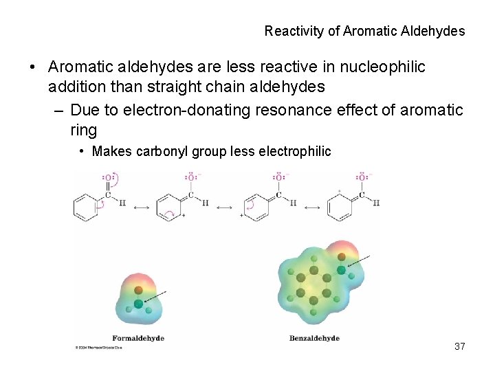 Reactivity of Aromatic Aldehydes • Aromatic aldehydes are less reactive in nucleophilic addition than