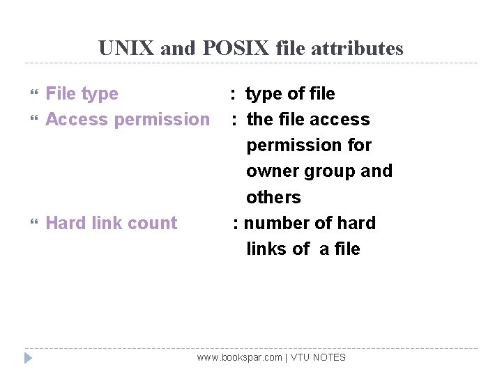 UNIX and POSIX file attributes File type Access permission Hard link count : type