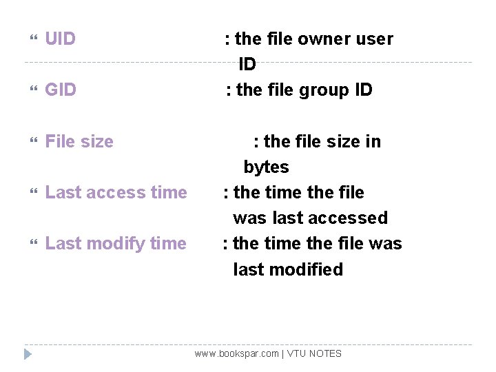  UID GID File size Last access time Last modify time : the file