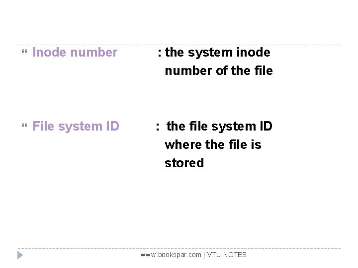  Inode number : the system inode number of the file File system ID