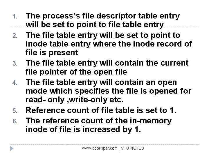 1. 2. 3. 4. 5. 6. The process’s file descriptor table entry will be
