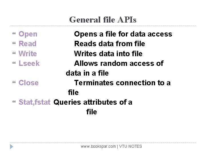 General file APIs Open Read Write Lseek Opens a file for data access Reads