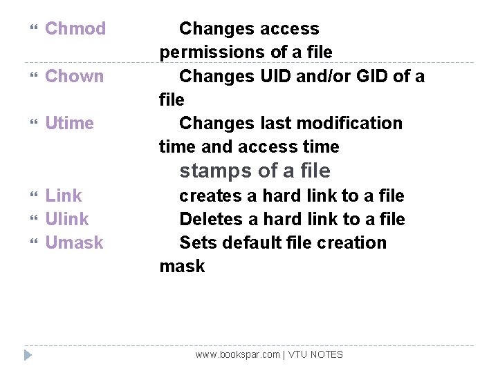  Chmod Chown Utime Changes access permissions of a file Changes UID and/or GID