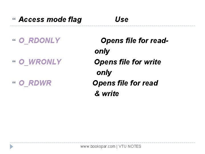  Access mode flag O_RDONLY O_WRONLY O_RDWR Use Opens file for readonly Opens file