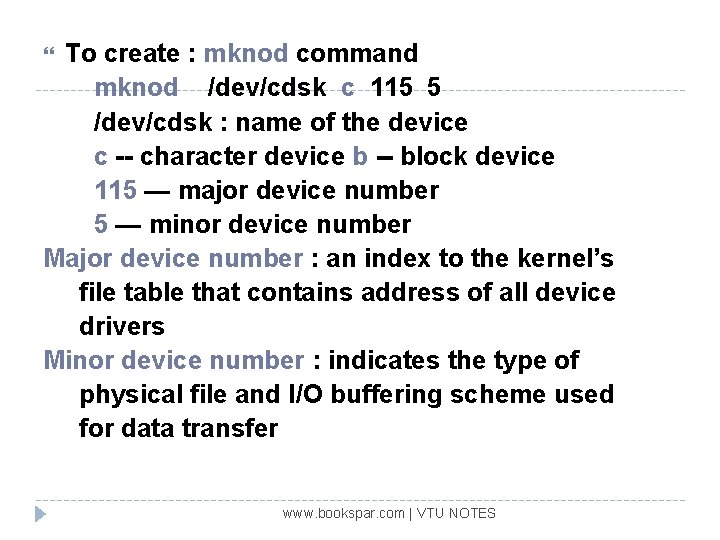 To create : mknod command mknod /dev/cdsk c 115 5 /dev/cdsk : name of