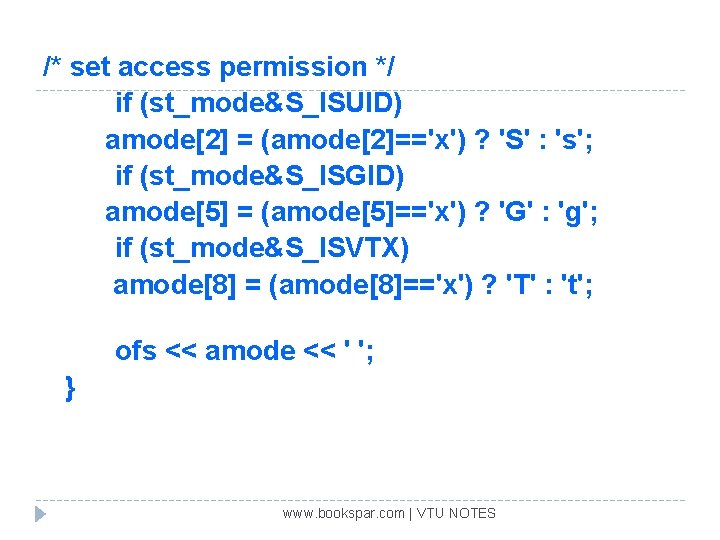 /* set access permission */ if (st_mode&S_ISUID) amode[2] = (amode[2]=='x') ? 'S' : 's';
