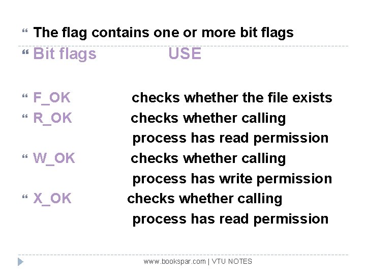  The flag contains one or more bit flags Bit flags F_OK R_OK W_OK