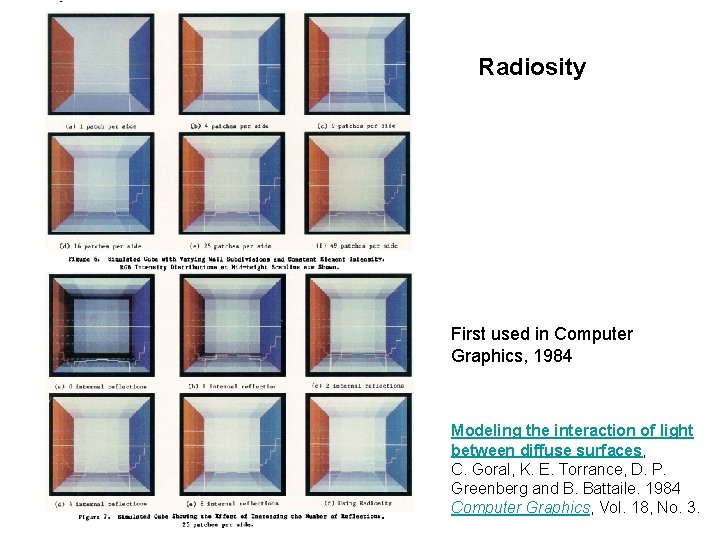 Radiosity First used in Computer Graphics, 1984 Modeling the interaction of light between diffuse