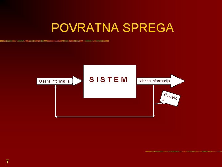  POVRATNA SPREGA Ulazna informacija SISTEM Izlazna Informacija Pov ratn a spre ga 7