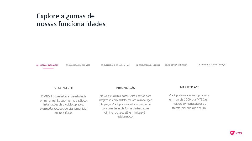 Explore algumas de nossas funcionalidades 01. ÚLTIMAS INOVAÇÕES 02. AQUISIÇÃO DE CLIENTES 03. EXPERIÊNCIA