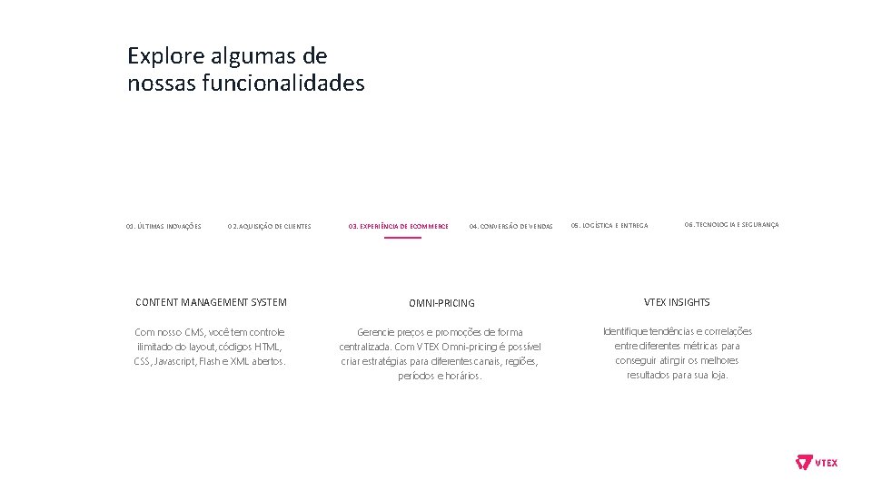 Explore algumas de nossas funcionalidades 01. ÚLTIMAS INOVAÇÕES 02. AQUISIÇÃO DE CLIENTES 03. EXPERIÊNCIA