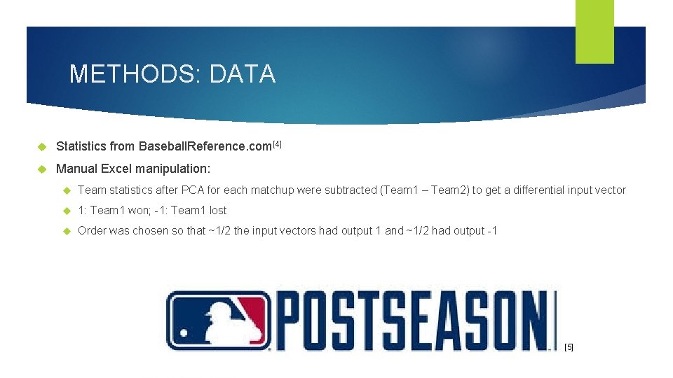 METHODS: DATA Statistics from Baseball. Reference. com[4] Manual Excel manipulation: Team statistics after PCA