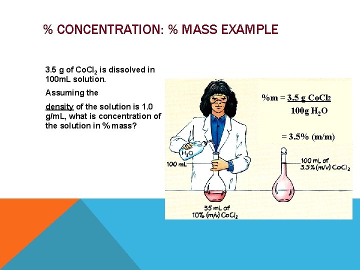 % CONCENTRATION: % MASS EXAMPLE 3. 5 g of Co. Cl 2 is dissolved