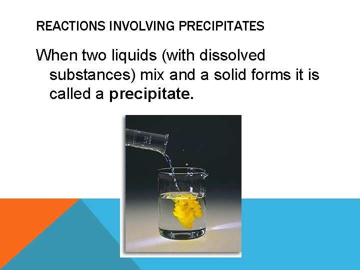 REACTIONS INVOLVING PRECIPITATES When two liquids (with dissolved substances) mix and a solid forms