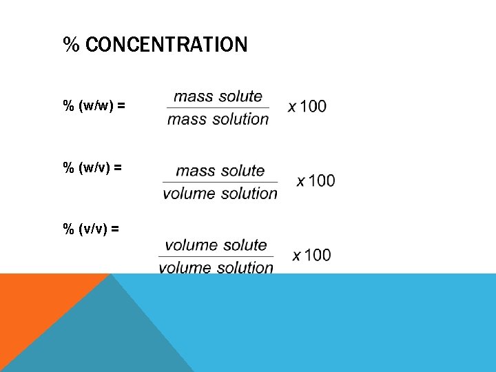 % CONCENTRATION % (w/w) = % (w/v) = % (v/v) = 