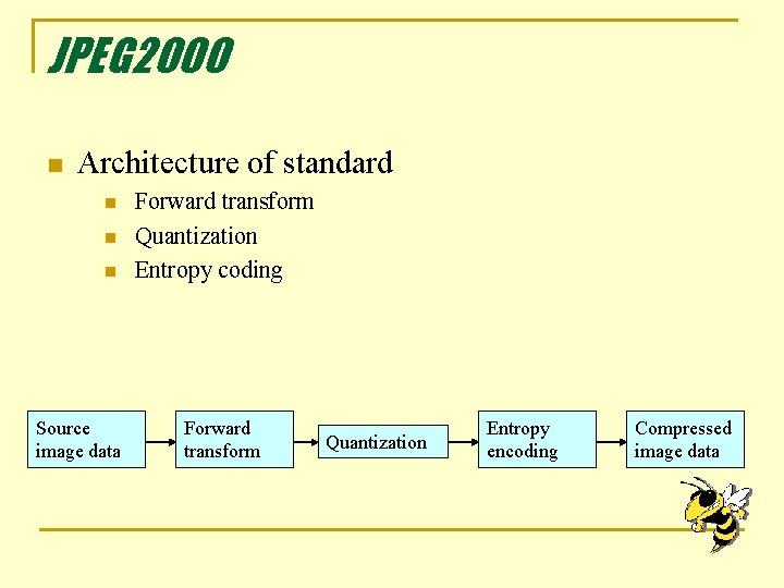 JPEG 2000 n Architecture of standard n n n Source image data Forward transform
