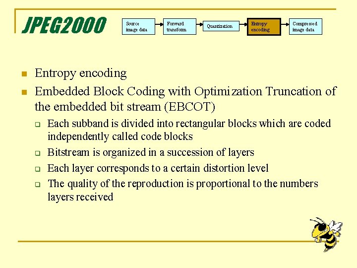 JPEG 2000 n n Source image data Forward transform Quantization Entropy encoding Compressed image