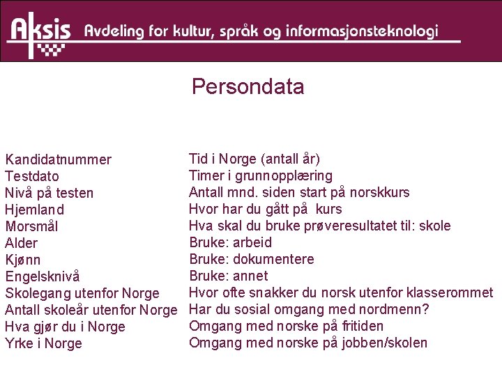 Persondata Kandidatnummer Testdato Nivå på testen Hjemland Morsmål Alder Kjønn Engelsknivå Skolegang utenfor Norge