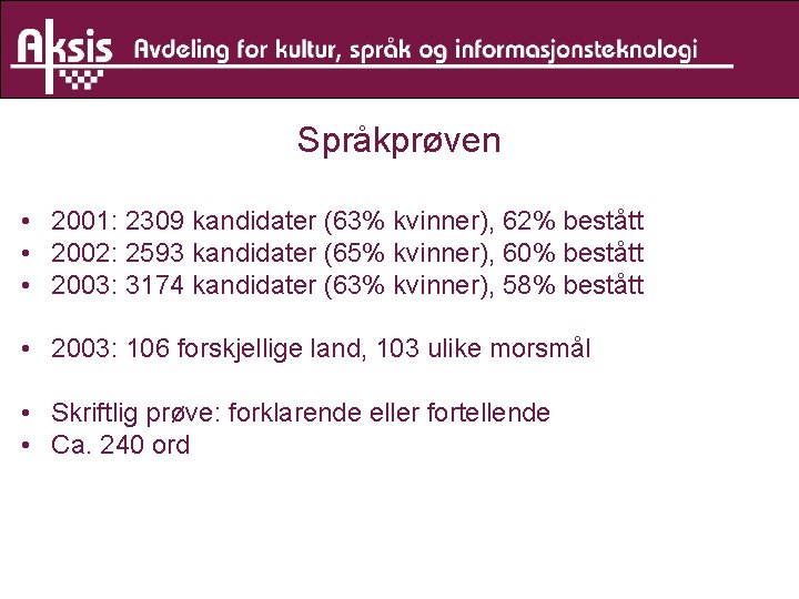 Språkprøven • 2001: 2309 kandidater (63% kvinner), 62% bestått • 2002: 2593 kandidater (65%