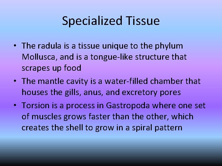 Specialized Tissue • The radula is a tissue unique to the phylum Mollusca, and