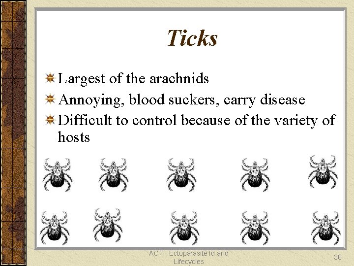 Ticks Largest of the arachnids Annoying, blood suckers, carry disease Difficult to control because
