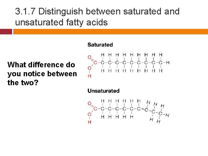 3. 1. 7 Distinguish between saturated and unsaturated fatty acids What difference do you