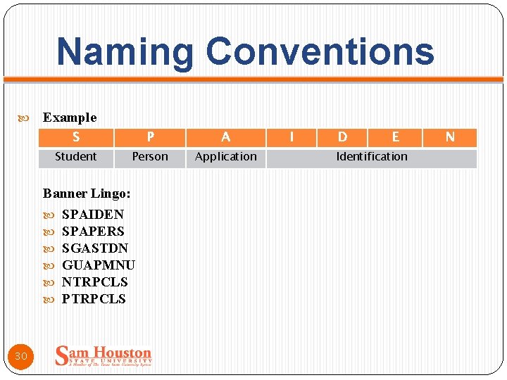 Naming Conventions Example S P A Student Person Application Banner Lingo: 30 SPAIDEN SPAPERS