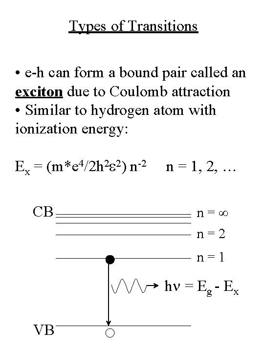 Types of Transitions • e-h can form a bound pair called an exciton due