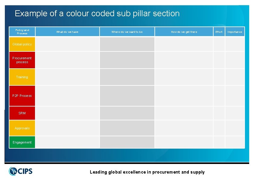 Example of a colour coded sub pillar section Policy and Process What do we