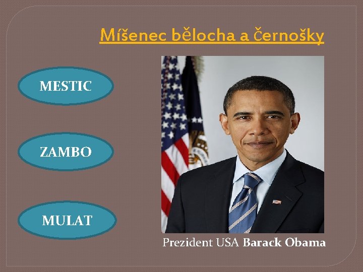Míšenec bělocha a černošky MESTIC ZAMBO MULAT Prezident USA Barack Obama 
