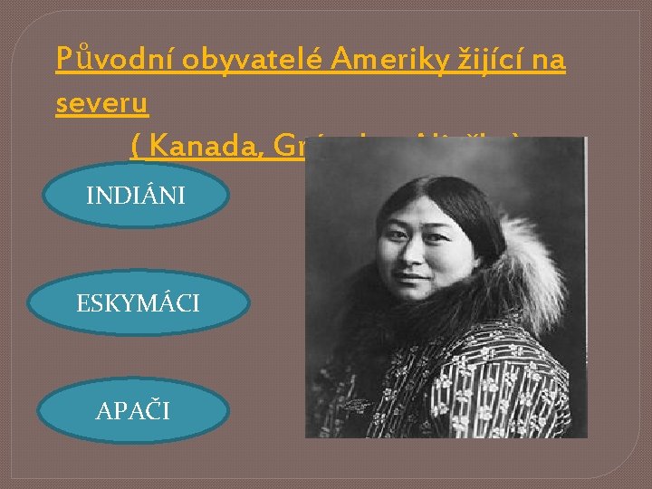 Původní obyvatelé Ameriky žijící na severu ( Kanada, Grónsko, Aljaška) INDIÁNI ESKYMÁCI APAČI 